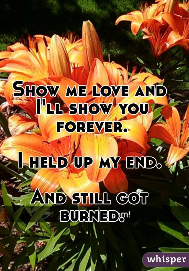 Show me love and I'll show you forever.

I held up my end.

And still got burned.