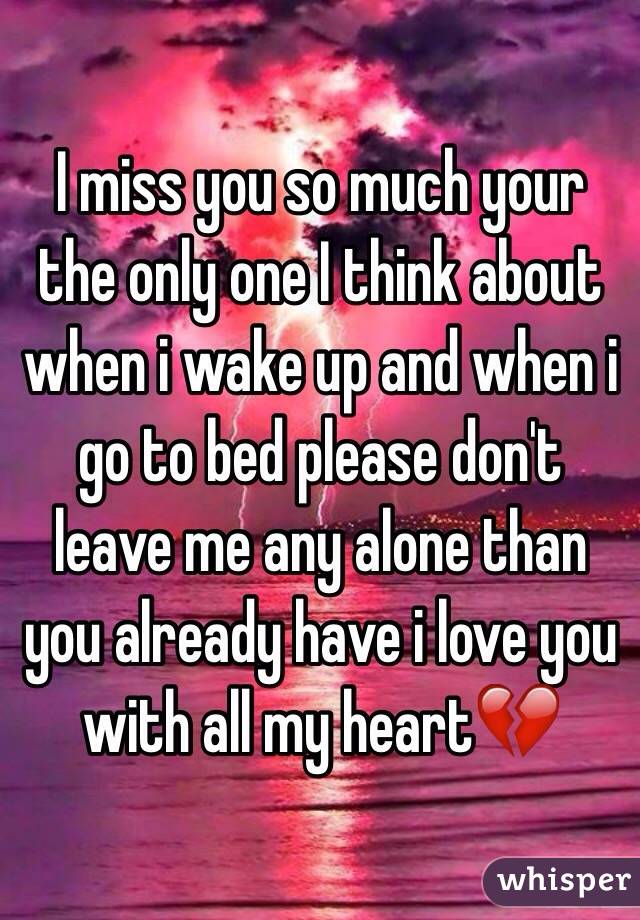 I miss you so much your the only one I think about when i wake up and when i go to bed please don't leave me any alone than you already have i love you with all my heart💔
