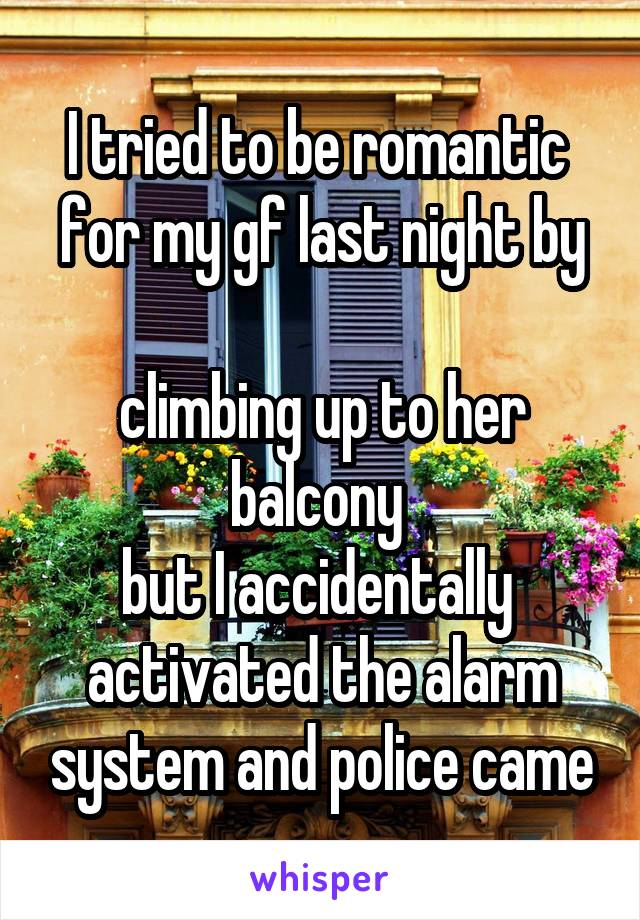 I tried to be romantic 
for my gf last night by 
climbing up to her balcony 
but I accidentally 
activated the alarm system and police came