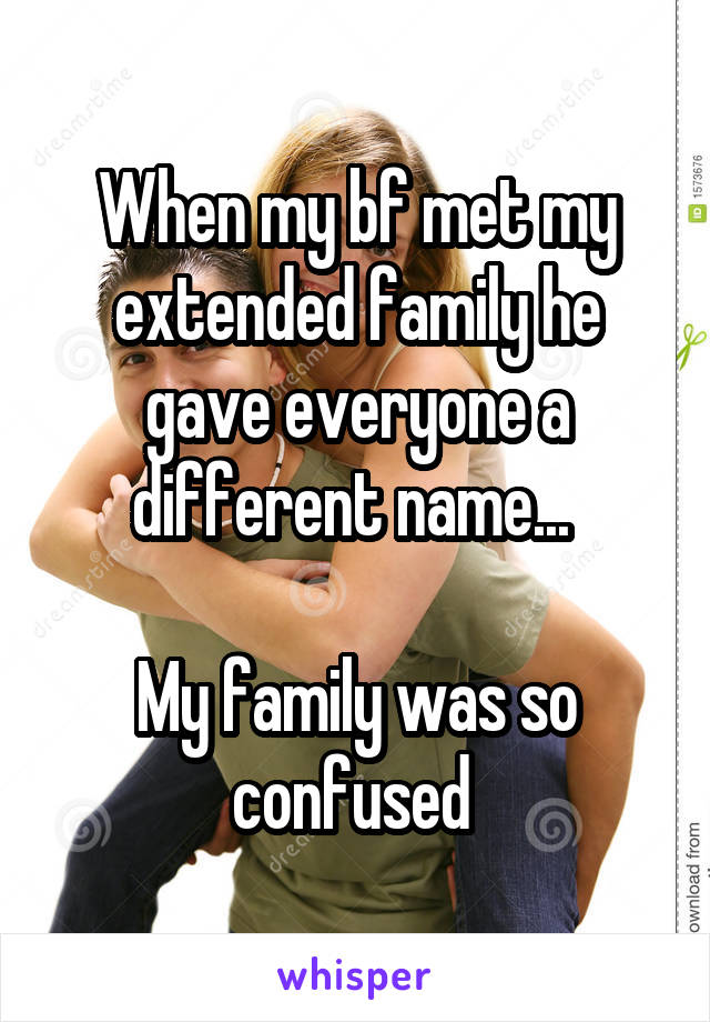 When my bf met my extended family he gave everyone a different name... 

My family was so confused 
