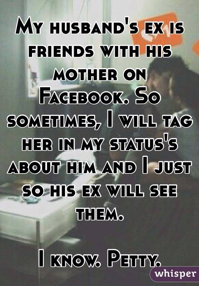 My husband's ex is friends with his mother on Facebook. So sometimes, I will tag her in my status's about him and I just so his ex will see them. 

I know. Petty.