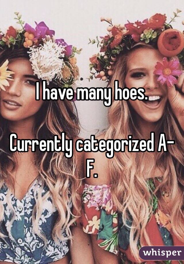 I have many hoes.

Currently categorized A-F. 