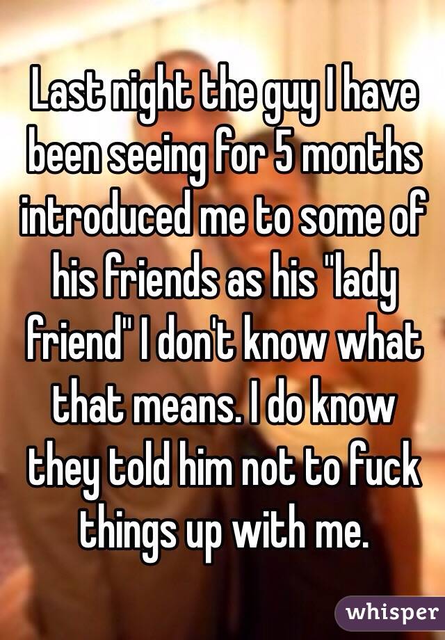 Last night the guy I have been seeing for 5 months introduced me to some of his friends as his "lady friend" I don't know what that means. I do know they told him not to fuck things up with me. 