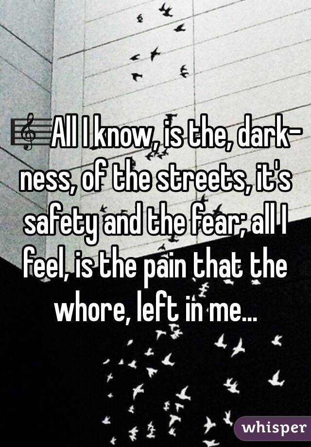 🎼All I know, is the, dark-ness, of the streets, it's safety and the fear; all I feel, is the pain that the whore, left in me...