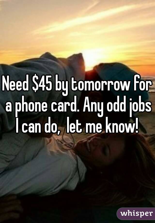 Need $45 by tomorrow for a phone card. Any odd jobs I can do,  let me know! 
