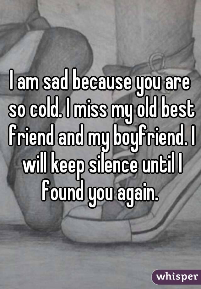 I am sad because you are so cold. I miss my old best friend and my boyfriend. I will keep silence until I found you again. 