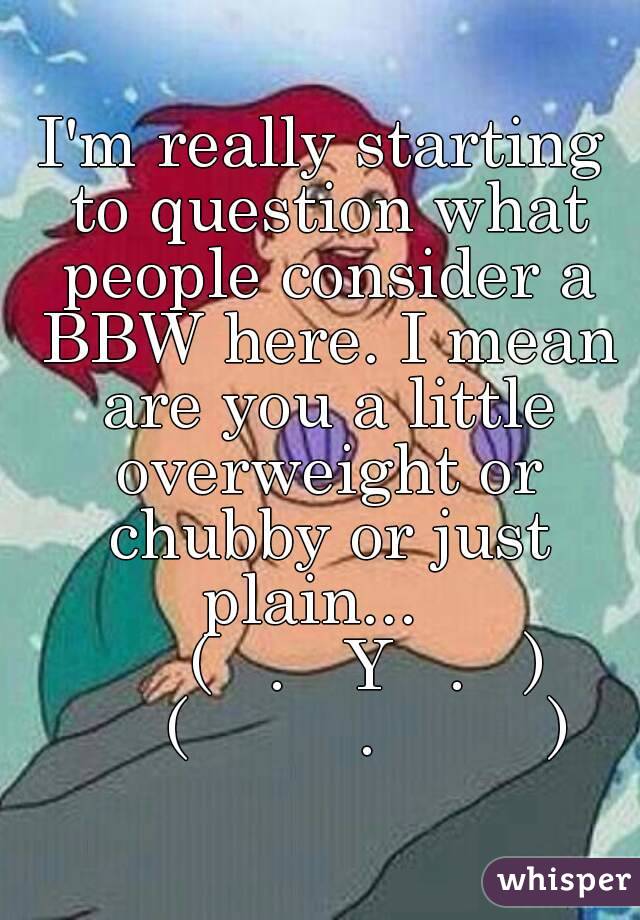 I'm really starting to question what people consider a BBW here. I mean are you a little overweight or chubby or just plain...  
     (   .   Y   .   )
     (         .         )