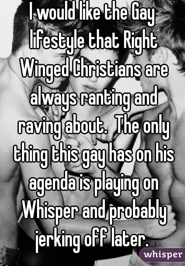 I would like the Gay lifestyle that Right Winged Christians are always ranting and raving about.  The only thing this gay has on his agenda is playing on Whisper and probably jerking off later. 