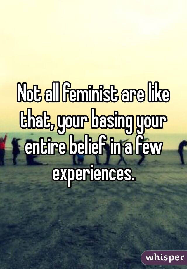 Not all feminist are like that, your basing your entire belief in a few experiences.