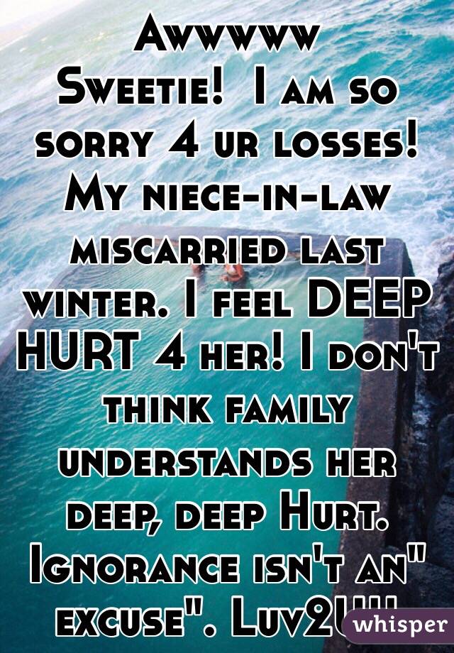 Awwwww
Sweetie!  I am so sorry 4 ur losses!  My niece-in-law miscarried last winter. I feel DEEP HURT 4 her! I don't think family understands her deep, deep Hurt.  Ignorance isn't an" excuse". Luv2U!!