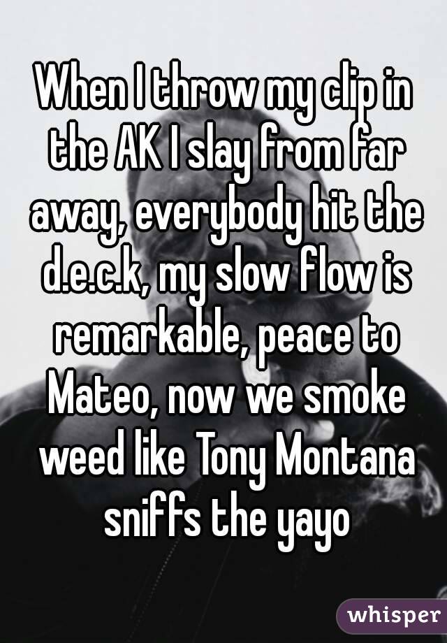 When I throw my clip in the AK I slay from far away, everybody hit the d.e.c.k, my slow flow is remarkable, peace to Mateo, now we smoke weed like Tony Montana sniffs the yayo