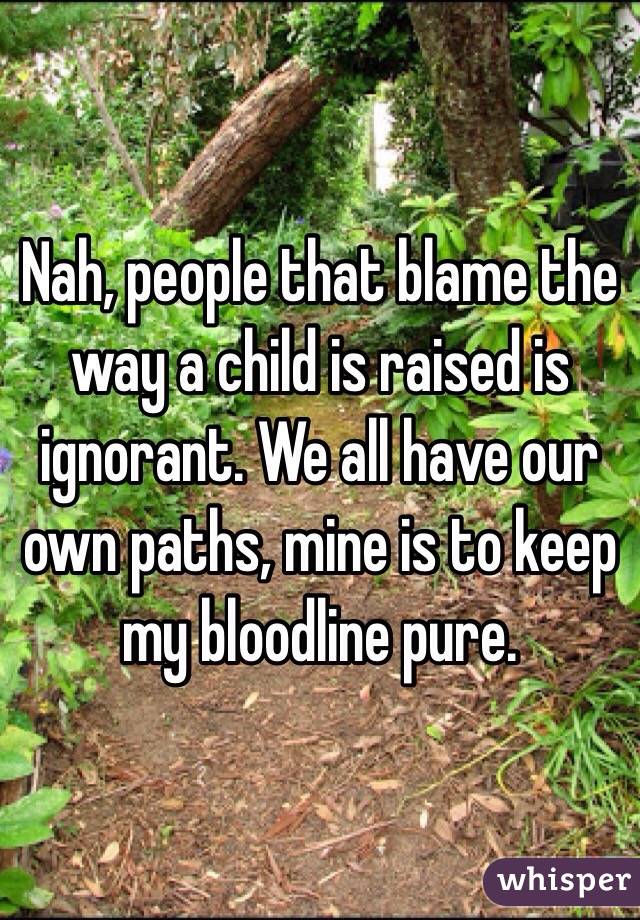 Nah, people that blame the way a child is raised is ignorant. We all have our own paths, mine is to keep my bloodline pure.