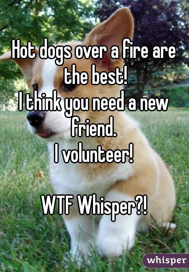 Hot dogs over a fire are the best!
I think you need a new friend. 
I volunteer!

WTF Whisper?!