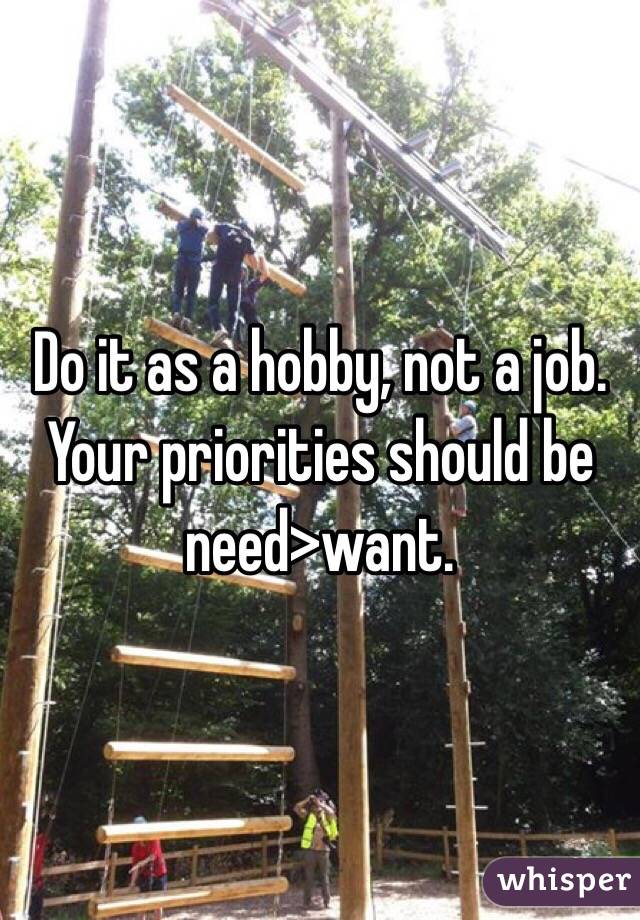 Do it as a hobby, not a job. 
Your priorities should be need>want. 