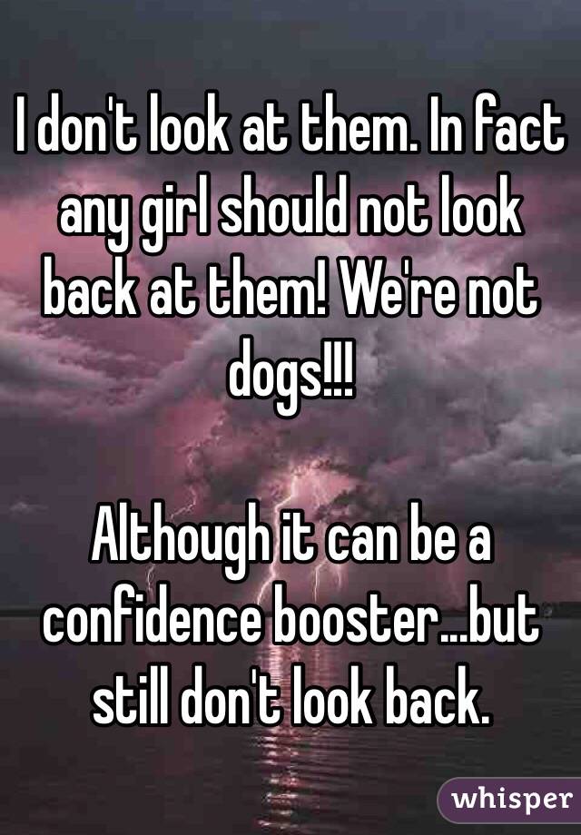 I don't look at them. In fact any girl should not look back at them! We're not dogs!!! 

Although it can be a confidence booster...but still don't look back. 