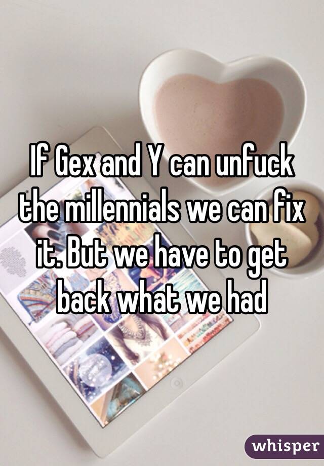 If Gex and Y can unfuck the millennials we can fix it. But we have to get back what we had  