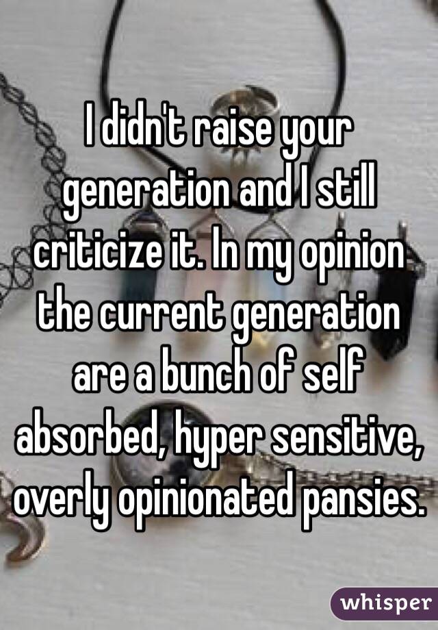 I didn't raise your generation and I still criticize it. In my opinion the current generation are a bunch of self absorbed, hyper sensitive, overly opinionated pansies. 