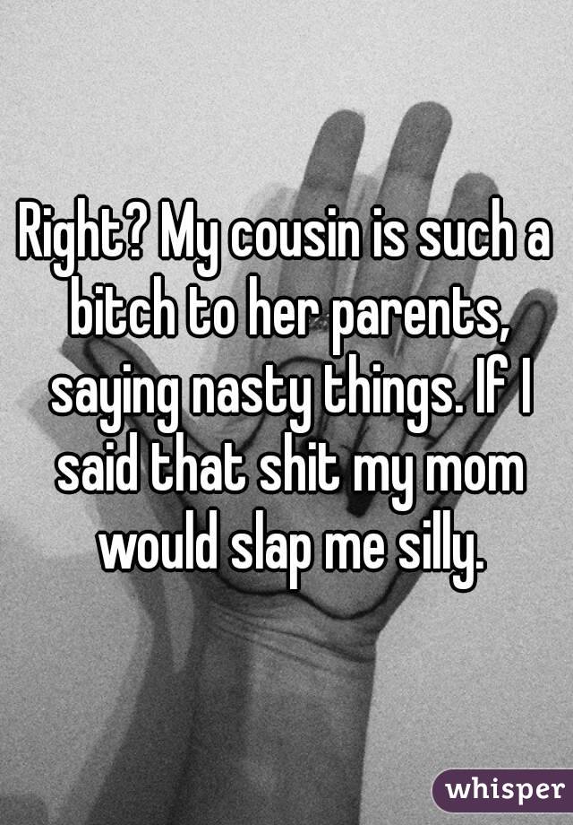 Right? My cousin is such a bitch to her parents, saying nasty things. If I said that shit my mom would slap me silly.