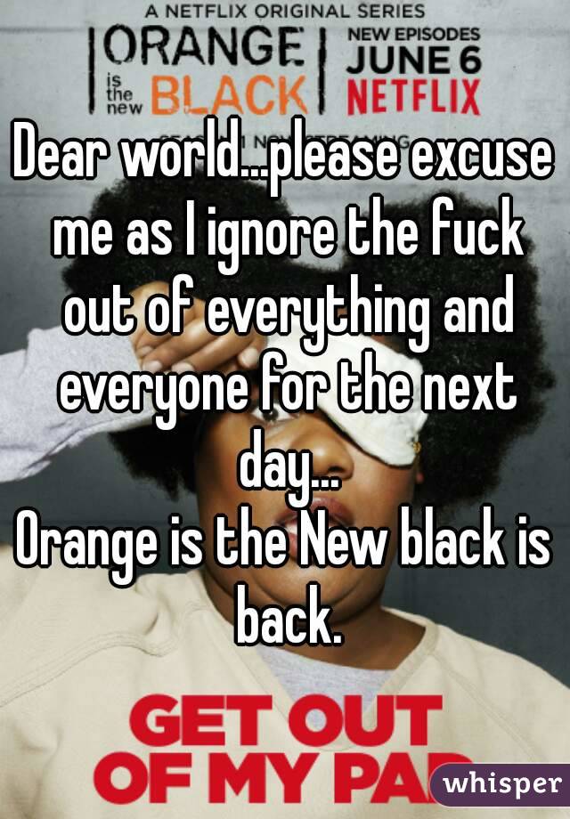 Dear world...please excuse me as I ignore the fuck out of everything and everyone for the next day...
Orange is the New black is back.