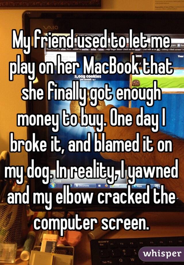 My friend used to let me play on her MacBook that she finally got enough money to buy. One day I broke it, and blamed it on my dog. In reality, I yawned and my elbow cracked the computer screen.