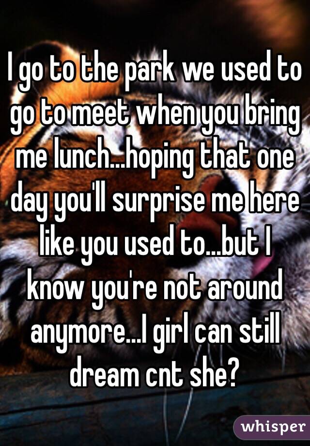 I go to the park we used to go to meet when you bring me lunch...hoping that one day you'll surprise me here like you used to...but I know you're not around anymore...I girl can still dream cnt she? 