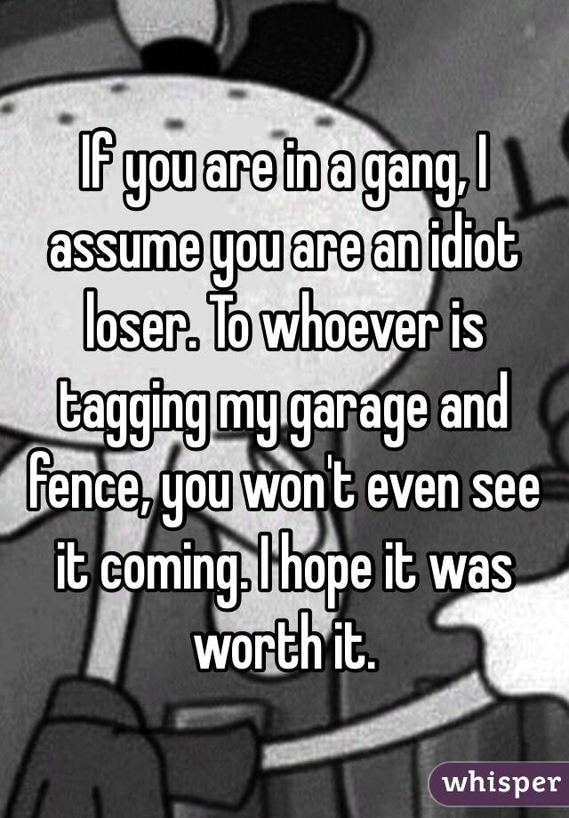 If you are in a gang, I assume you are an idiot loser. To whoever is tagging my garage and fence, you won't even see it coming. I hope it was worth it. 