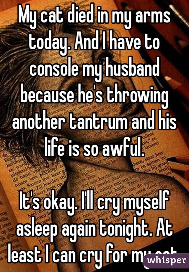 My cat died in my arms today. And I have to console my husband because he's throwing another tantrum and his life is so awful.

It's okay. I'll cry myself asleep again tonight. At least I can cry for my cat.