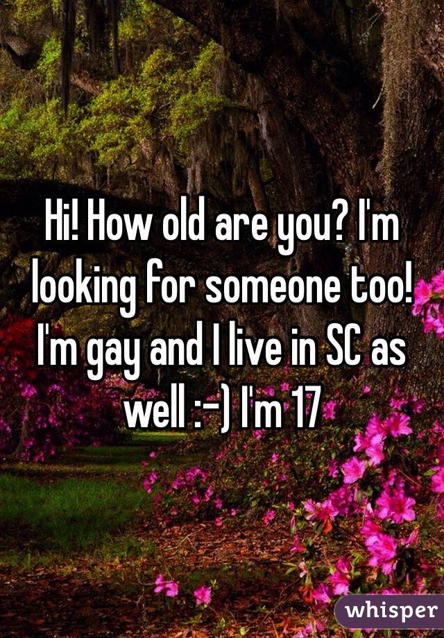 Hi! How old are you? I'm looking for someone too! I'm gay and I live in SC as well :-) I'm 17 