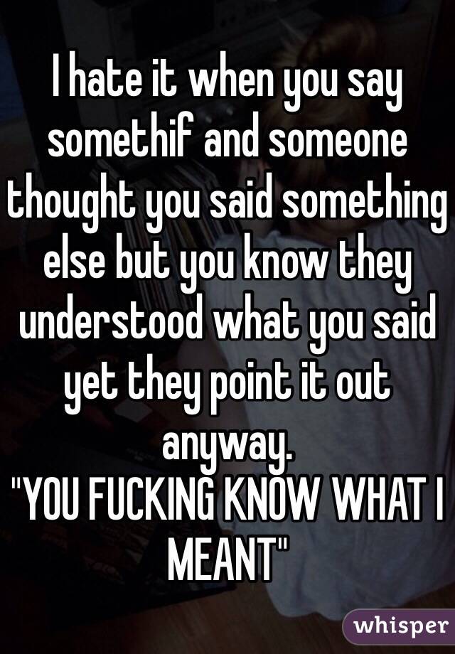 I hate it when you say somethif and someone thought you said something else but you know they understood what you said yet they point it out anyway.
"YOU FUCKING KNOW WHAT I MEANT"