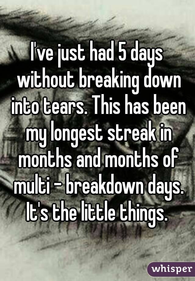 I've just had 5 days without breaking down into tears. This has been my longest streak in months and months of multi - breakdown days. It's the little things. 