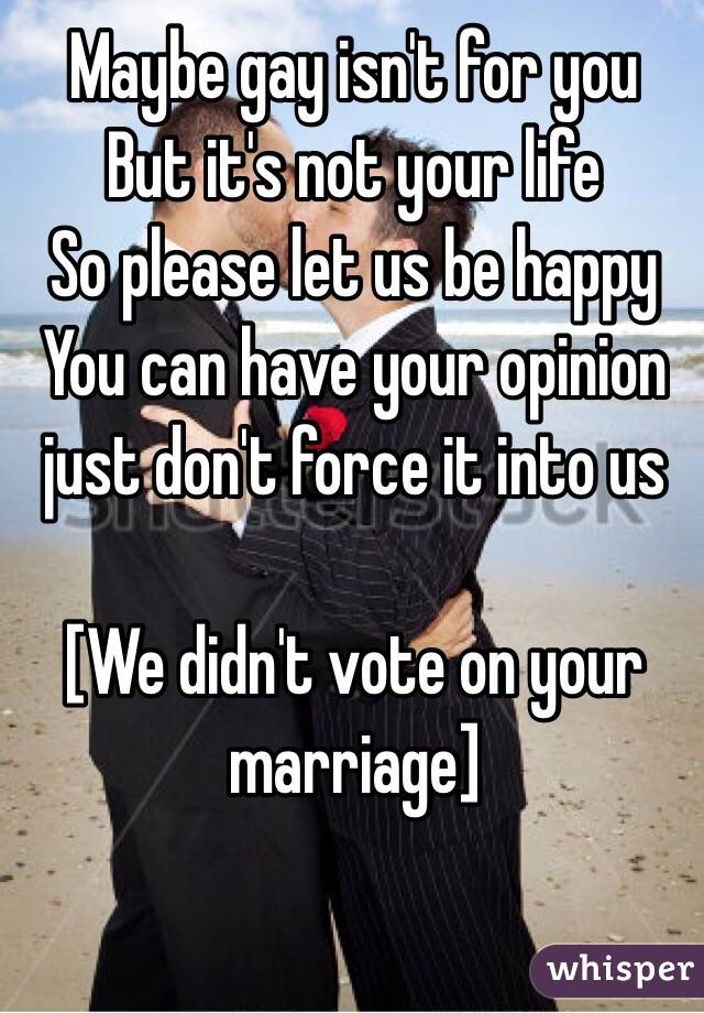 Maybe gay isn't for you 
But it's not your life 
So please let us be happy 
You can have your opinion just don't force it into us 

[We didn't vote on your marriage]