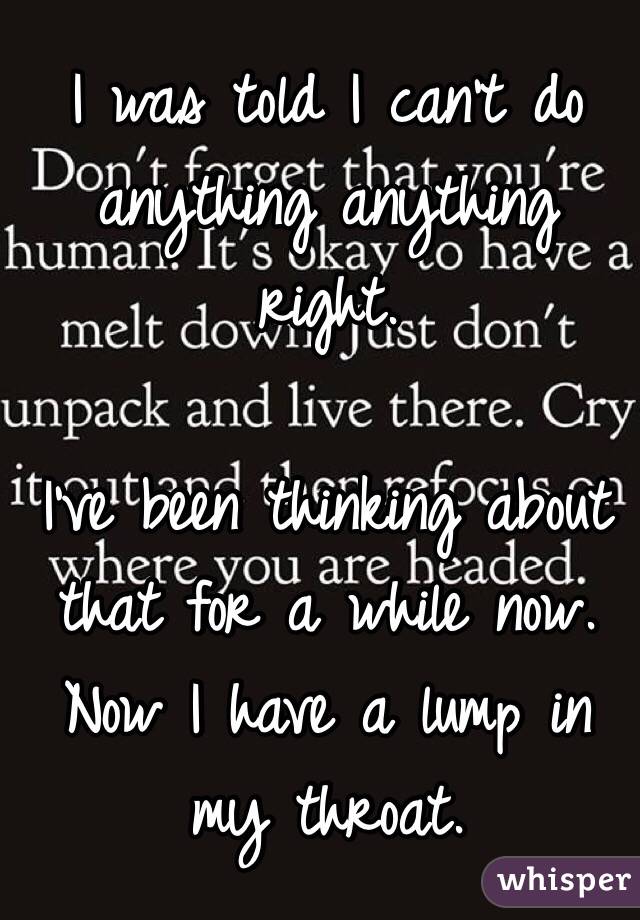 I was told I can't do anything anything right. 

I've been thinking about that for a while now. Now I have a lump in my throat. 