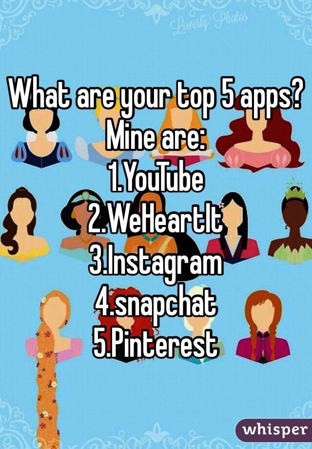 What are your top 5 apps?
Mine are:
1.YouTube
2.WeHeartIt
3.Instagram
4.snapchat
5.Pinterest