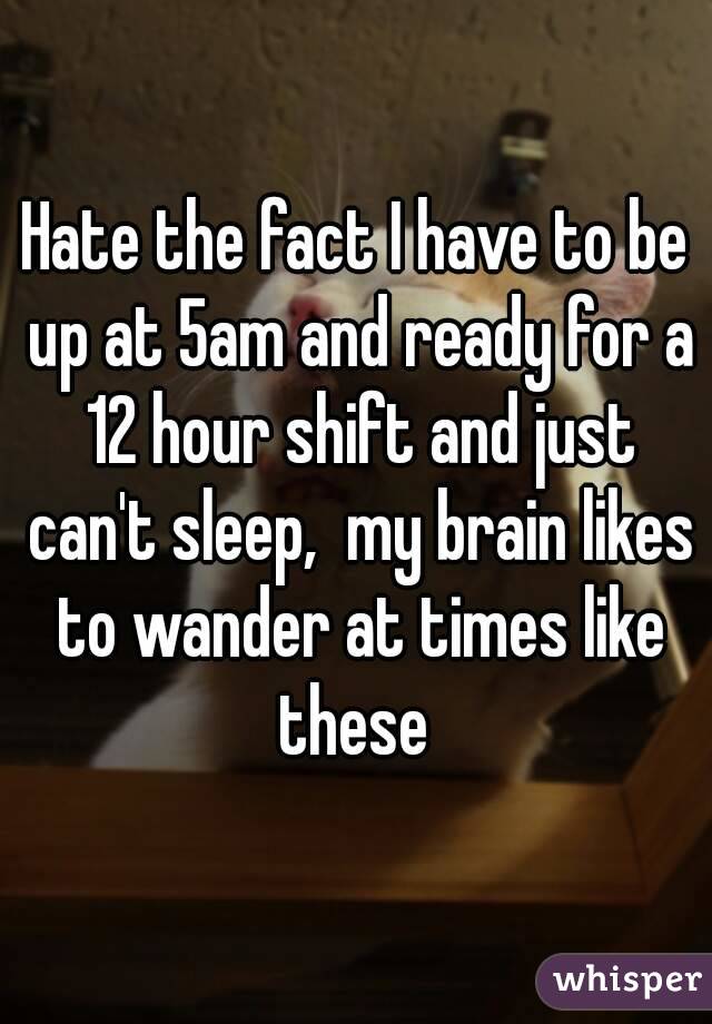 Hate the fact I have to be up at 5am and ready for a 12 hour shift and just can't sleep,  my brain likes to wander at times like these 