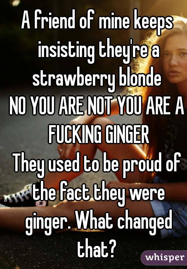 A friend of mine keeps insisting they're a strawberry blonde 
NO YOU ARE NOT YOU ARE A FUCKING GINGER
They used to be proud of the fact they were ginger. What changed that? 