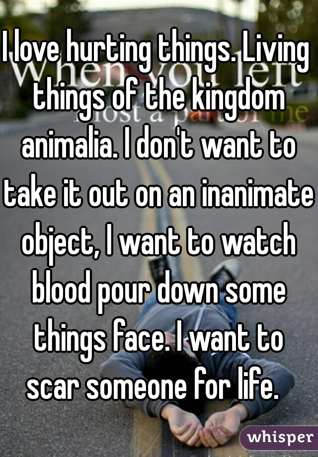 I love hurting things. Living things of the kingdom animalia. I don't want to take it out on an inanimate object, I want to watch blood pour down some things face. I want to scar someone for life.  