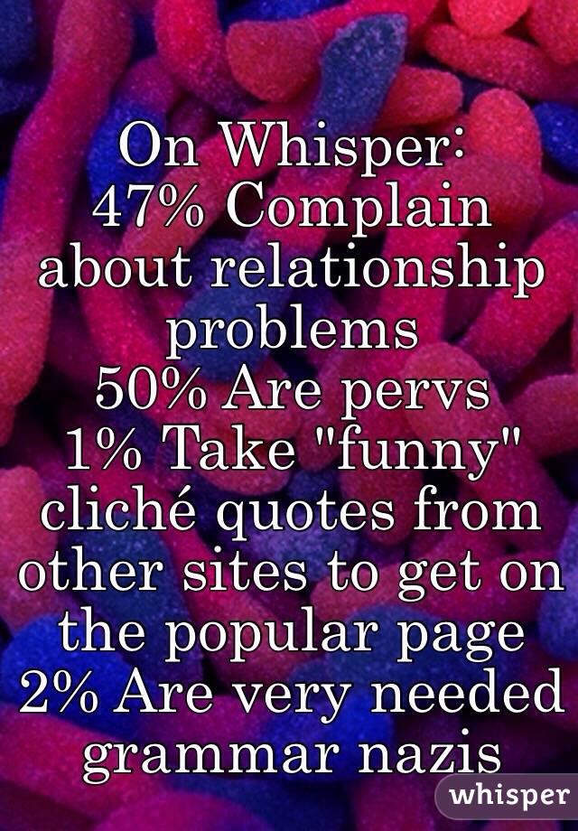 On Whisper:
47% Complain about relationship problems
50% Are pervs
1% Take "funny" cliché quotes from other sites to get on the popular page
2% Are very needed grammar nazis