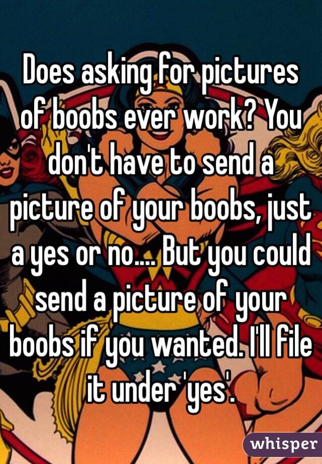 Does asking for pictures of boobs ever work? You don't have to send a picture of your boobs, just a yes or no.... But you could send a picture of your boobs if you wanted. I'll file it under 'yes'. 