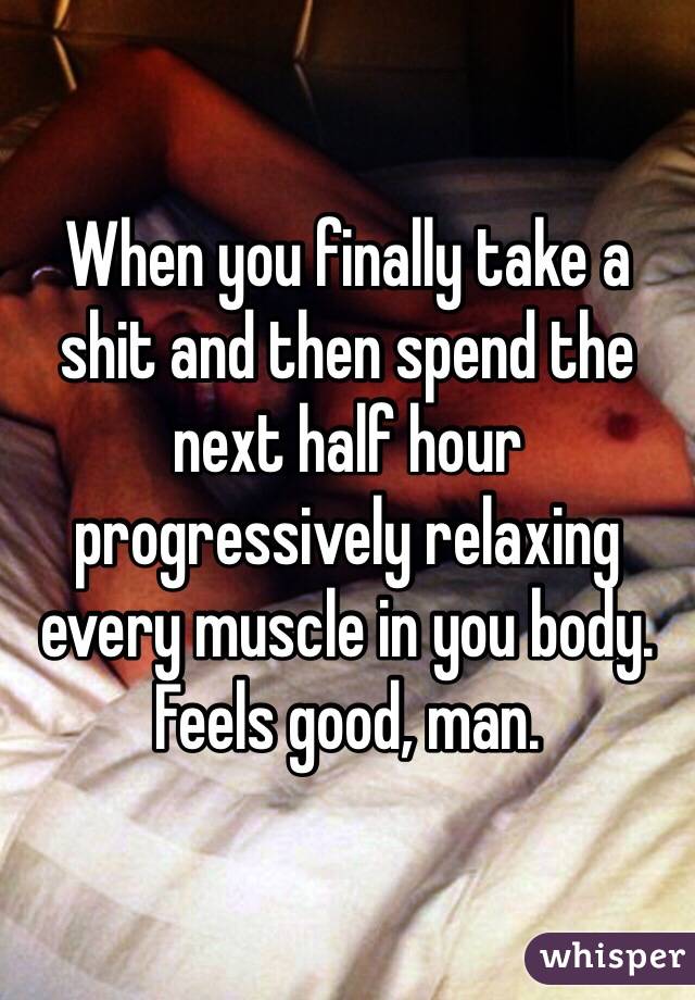 When you finally take a shit and then spend the next half hour progressively relaxing every muscle in you body. Feels good, man. 