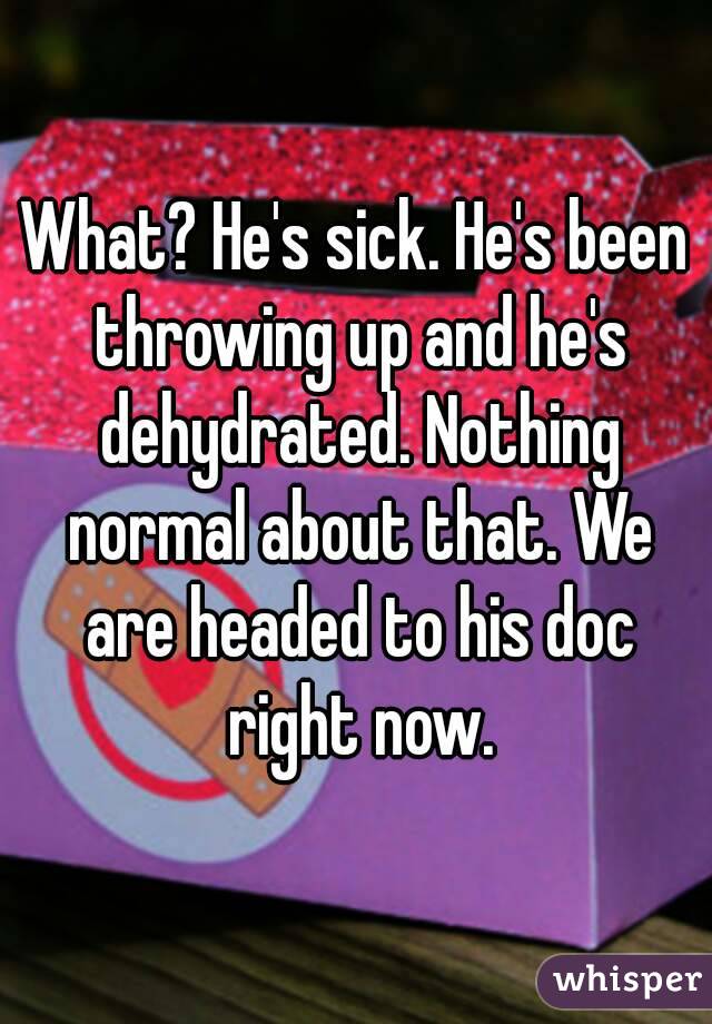 What? He's sick. He's been throwing up and he's dehydrated. Nothing normal about that. We are headed to his doc right now.