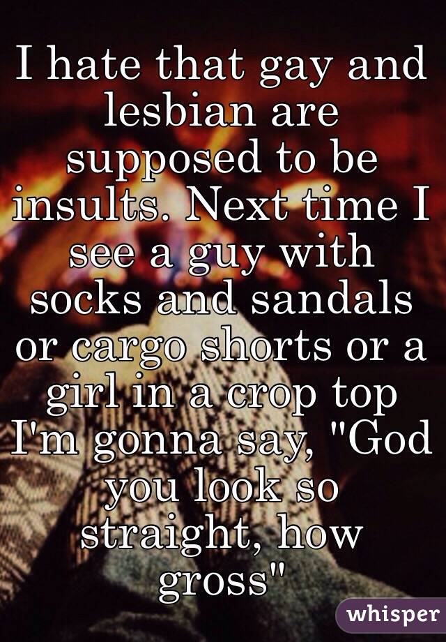 I hate that gay and lesbian are supposed to be insults. Next time I see a guy with socks and sandals or cargo shorts or a girl in a crop top I'm gonna say, "God you look so straight, how gross" 