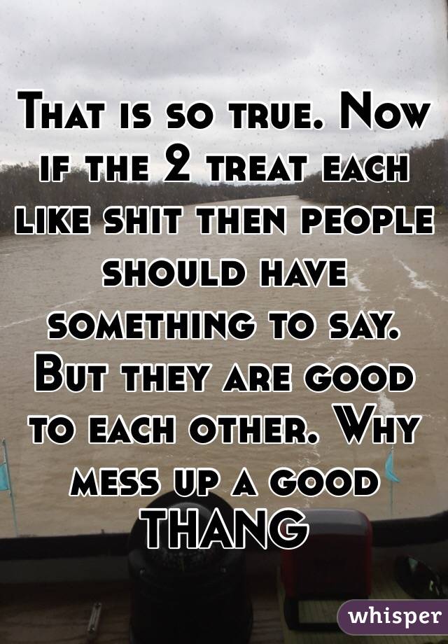 That is so true. Now if the 2 treat each like shit then people should have something to say. But they are good to each other. Why mess up a good THANG 