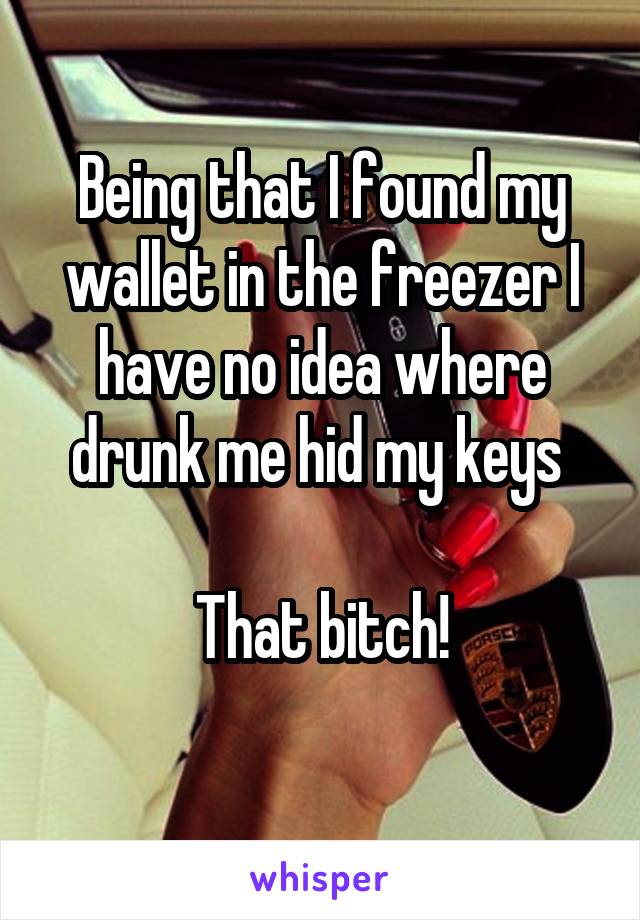 Being that I found my wallet in the freezer I have no idea where drunk me hid my keys 

That bitch!
