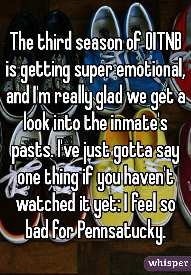 The third season of OITNB is getting super emotional, and I'm really glad we get a look into the inmate's pasts. I've just gotta say one thing if you haven't watched it yet: I feel so bad for Pennsatucky.