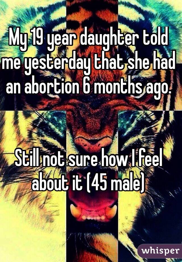 My 19 year daughter told me yesterday that she had an abortion 6 months ago.


Still not sure how I feel about it (45 male)
