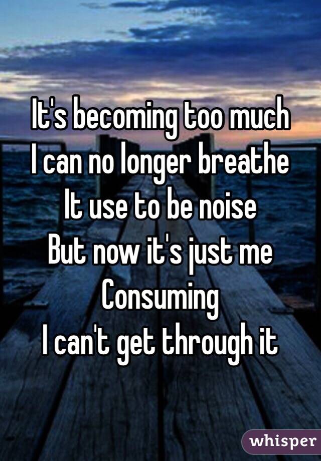 It's becoming too much
I can no longer breathe
It use to be noise
But now it's just me
Consuming
I can't get through it
