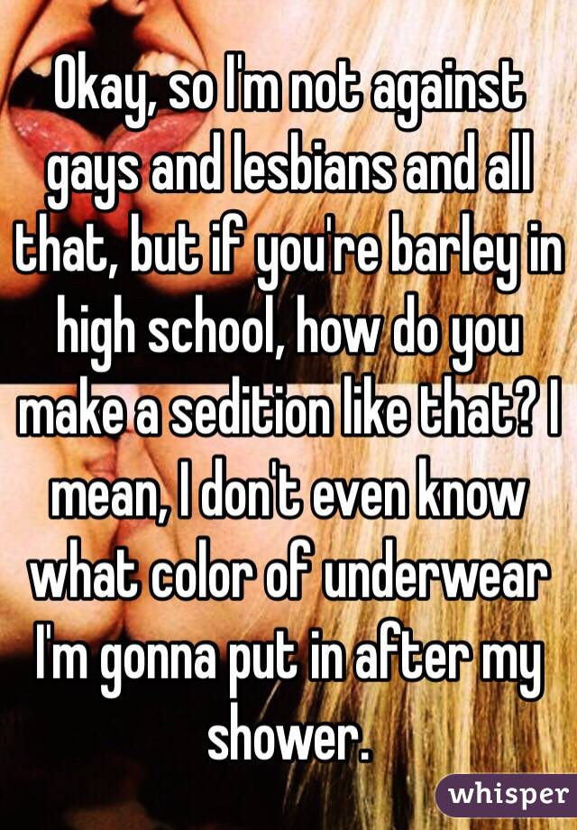 Okay, so I'm not against gays and lesbians and all that, but if you're barley in high school, how do you make a sedition like that? I mean, I don't even know what color of underwear I'm gonna put in after my shower. 