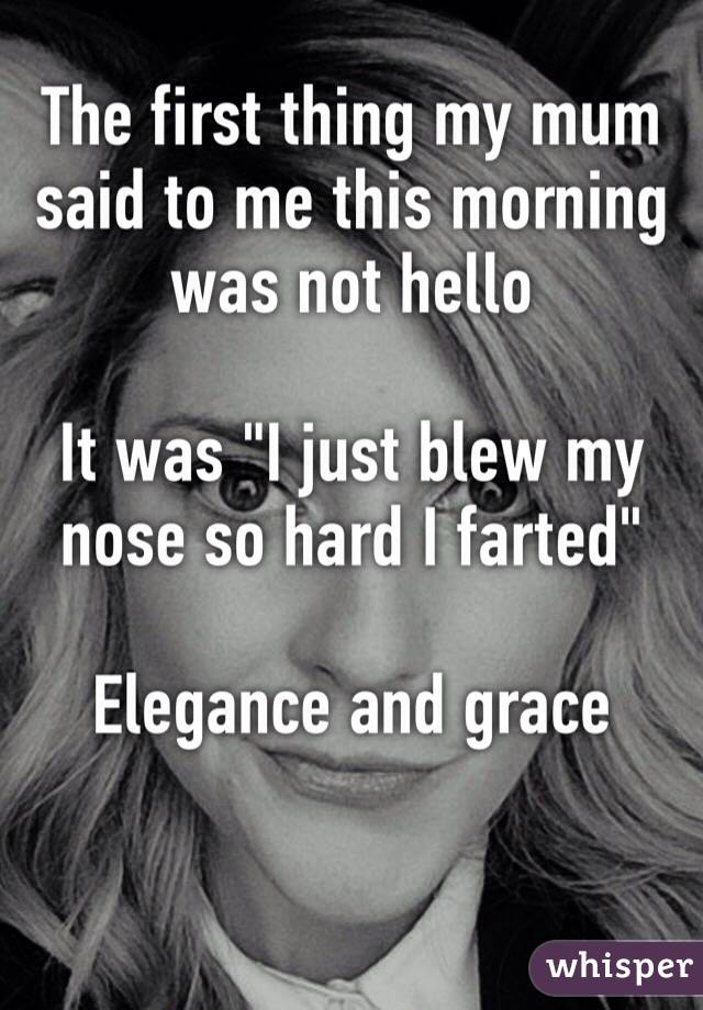 The first thing my mum said to me this morning was not hello

It was "I just blew my nose so hard I farted"

Elegance and grace