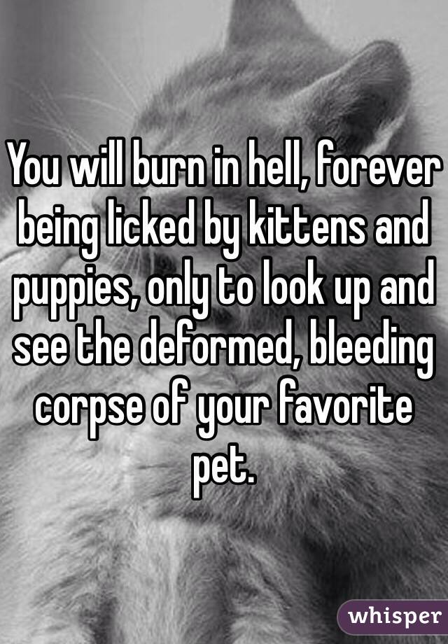 You will burn in hell, forever being licked by kittens and puppies, only to look up and see the deformed, bleeding corpse of your favorite pet. 