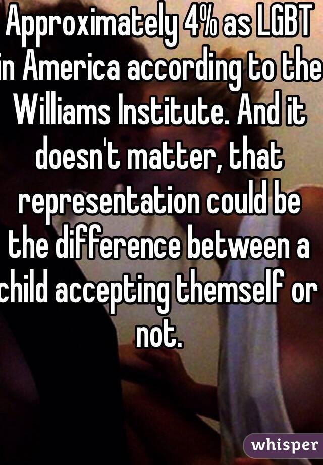 Approximately 4% as LGBT in America according to the Williams Institute. And it doesn't matter, that representation could be the difference between a child accepting themself or not.